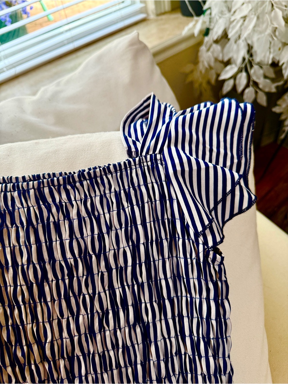 Blue and White Striped Smocked Dress - Picture 2 of 9